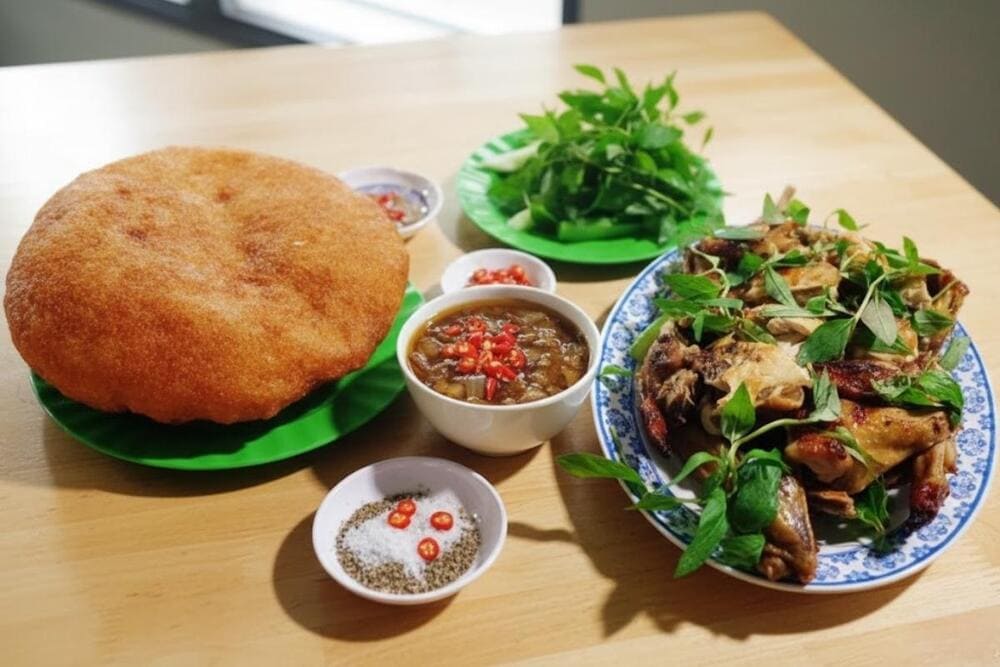 Món ăn dân dã hấp dẫn, gà vàng ruộm ăn kèm xôi chiên giòn rụm, béo ngậy.